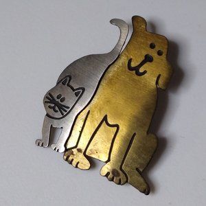 Vintage Thin Metal Dog And Cat Brooch
